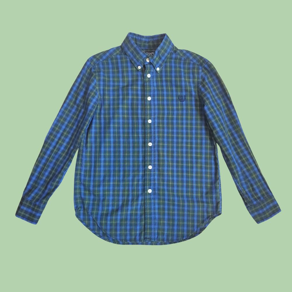Boy's Vintage 90s Chaps Blue Green Plaid Button Down Shirt